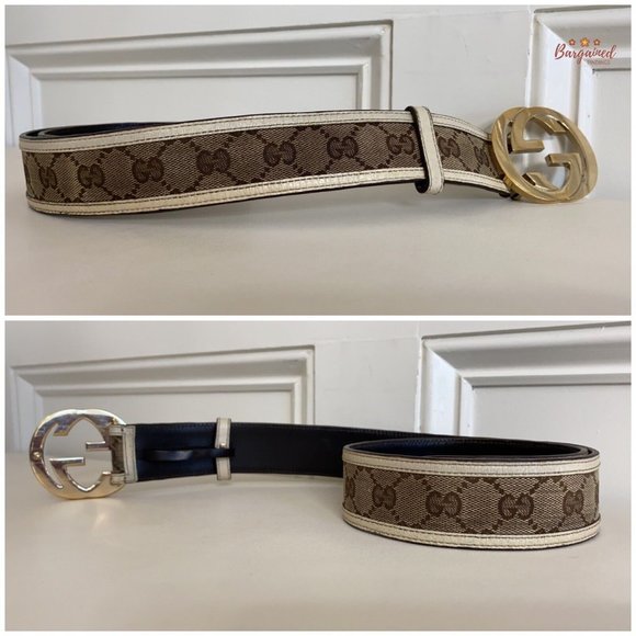 Authentic Gucci Cream Monogram Canvas Leather Interlocking G Buckle Belt 80/32 - Picture 10 of 13